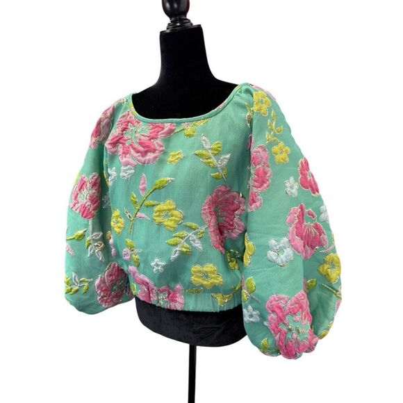Arianne Elmy Green Good Luck Floral Embroidered Puff Sleeve Top Size S - Picture 7 of 15